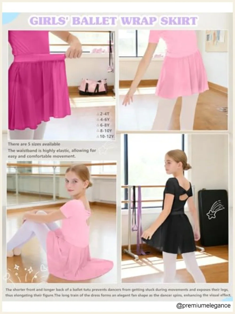 3 Pack Girls Ballet Skirts Dance Wrap Toddler Chiffon Elastic Waist 2-12 Years